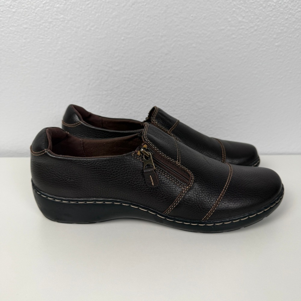 Clarks Collection Brown Leather Loafers Side Zip Comfort Shoes Womens 11